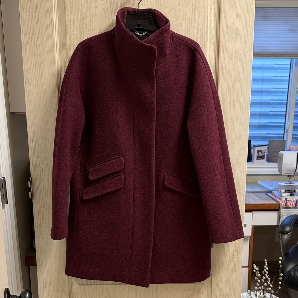 J. Crew Deep Burgundy Pea Coat, Italian Stadium Cloth Nello Gori size 14